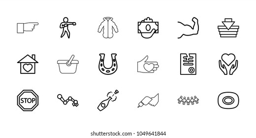Hand icons. set of 18 editable outline hand icons: soap, paper, shopping basket, muscle arm, robot arm, home with heart, champagne, stop, karate, horseshoe, overcoat, pointing