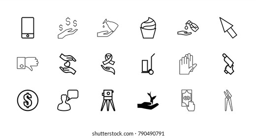 Hand icons. set of 18 editable outline hand icons: plant on hand, cream, liquid soap, chatting man, theodolite, nail gun, cart cargo, money, phone, pointer, gloves, pliers