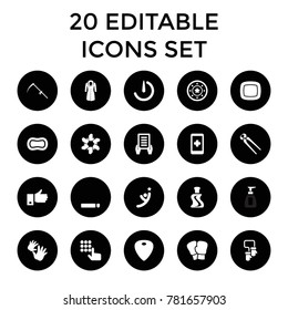 Hand icons. set of 20 editable filled hand icons such as casino chip, holding document, pliers, hand on smartphone, boxing gloves. best quality hand elements in trendy style.