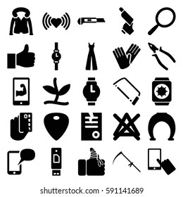 hand icons set. Set of 25 hand filled icons such as mirror, heart, finger on display, no bleaching, jumpsuit, gloves, overcoat, paper, hacksaw, nail gun, pliers, scythe