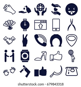 Hand icons set. set of 25 hand filled and outline icons such as liquid soap, nail gun, pliers, showing tongue emot, holding globe, hands holding heart, call, wrist watch