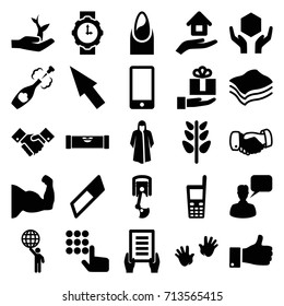 Hand icons set. set of 25 hand filled icons such as level ruler, baby hands, nail, overcoat, handshake, chatting man, holding document, plant, handle with care, old phone