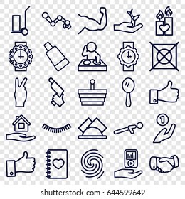 Hand icons set. set of 25 hand outline icons such as eyelash, mirror, cream tube, home care, no dry cleaning, handshake, nail gun, cart cargo, muscle, push up