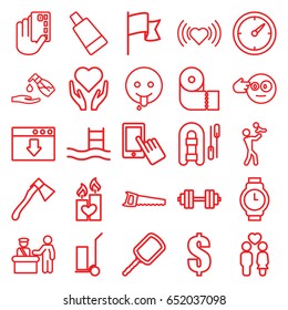 Hand icons set. set of 25 hand outline icons such as pass control, mirror, cream tube, heart, finger on display, paper towel, liquid soap, cart cargo, axe, saw, couple