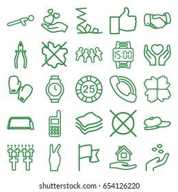 Hand Icons Set. Set Of 25 Hand Outline Icons Such As Hand With Seeds, 25 Casino Chip, No Wash, Home Care, No Dry Cleaning, Sandals, Handshake, Hacksaw, Pliers, Push Up