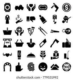 Hand icons. set of 36 editable filled hand icons such as cream tube, 100 casino chip, overcoat, construction, nail gun, pliers, cart cargo, shopping basket, eraser