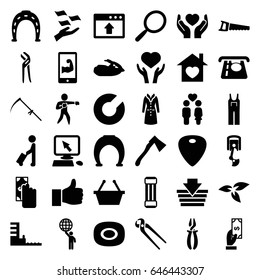 Hand icons set. set of 36 hand filled icons such as plant, man with luggage, soap, mirror, horseshoe, atm money withdraw, payment, money on hand, pointer on display, jumpsuit