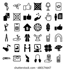 Hand Icons Set. Set Of 36 Hand Filled And Outline Icons Such As Hand With Seeds, Baby Mitten, Mirror, 25 Casino Chip, Pointer On Display, No Dry Cleaning, Overcoat, Nail Gun