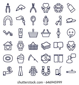 Hand icons set. set of 36 hand outline icons such as man with luggage, soap, mirror, cream, cream tube, 100 casino chip, horseshoe, overcoat, jumpsuit, chatting man, drill