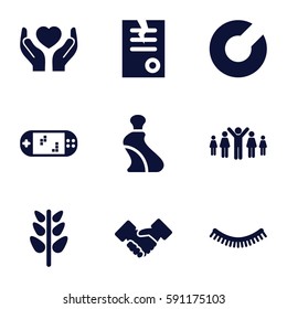 hand icons set. Set of 9 hand filled icons such as eyelash, cream tube, paper, plant, hands holding heart, handshake, portable game console