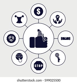 hand icons set. Set of 9 hand filled icons such as nest, level ruler, blouse, cool emot, injured finger, stop, bulb in hand, man holding globe
