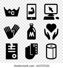 Hand icons set. set of 9 hand filled icons such as milk can, pointer on display, paper towel, laundry, gloves, paper