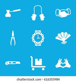Hand icons set. set of 9 hand filled icons such as baby mitten, handshake, pliers, cutter, cargo on cart, heart tag, fan, turk