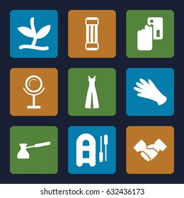 Hand icons set. set of 9 hand filled icons such as mirror, gloves, jumpsuit, handshake, turk, plant, inflatable boat, creadit card payment