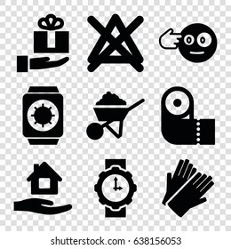 Hand icons set. set of 9 hand filled icons such as gloves, home care, paper towel, no bleaching, construction, head bang emot, wrist watch for woman, wrist watch with sun