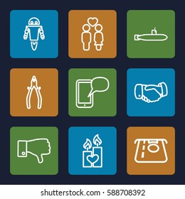 hand icons set. Set of 9 hand outline icons such as ATM money withdraw, handshake, pliers, couple, candle heart, dislike, message on phone, robot