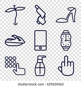 Hand Icons Set. Set Of 9 Hand Outline Icons Such As Plant, Heel Sandals, Bottle Soap, Nail Gun, Phone, Wrist Watch, Jet Ski, Middle Finger