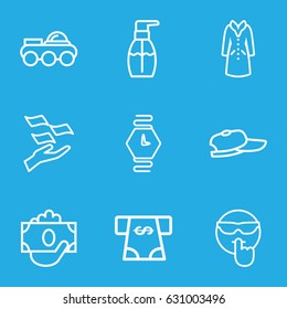 Hand icons set. set of 9 hand outline icons such as atm money withdraw, bottle soap, overcoat, robot, wrist watch, cool emot