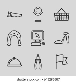 Hand icons set. set of 9 hand outline icons such as mirror, heel sandals, horseshoe, pointer on display, pliers, saw, dish, flag