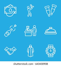 Hand icons set. set of 9 hand outline icons such as pass control, dish, overcoat, pipette, handshake, champagne, wrist watch for woman, money in hand