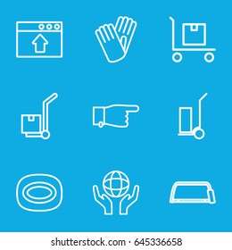 Hand icons set. set of 9 hand outline icons such as soap, gloves, pointing, hacksaw, cart cargo, holding globe, cargo on cart