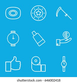 Hand icons set. set of 9 hand outline icons such as soap, cream tube, casino chip, paper towel, scythe, wrist watch, hand on coin