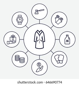Hand icons set. set of 9 hand outline icons such as milk can, gloves, overcoat, turk, wrist watch for woman, money