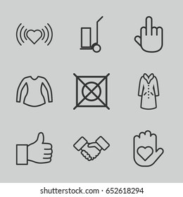 Hand icons set. set of 9 hand outline icons such as heart, no dry cleaning, blouse, overcoat, cart cargo, handshake, middle finger, thumbs up
