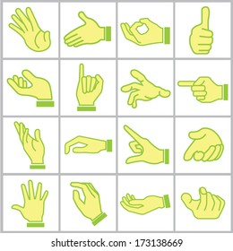 hand icons set, cartoon style, green color theme