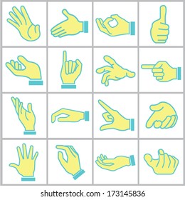 hand icons set, cartoon style, blue color theme