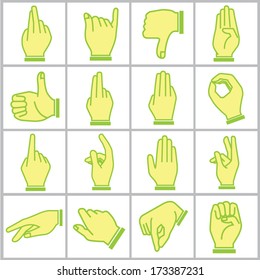 hand icons set, cartoon style, green theme icons