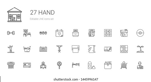 hand icons set. Collection of hand with cleaning, foam, robot, job search, credit card, basket, towel, industrial robot, cargo, washing, stretching. Editable and scalable hand icons.