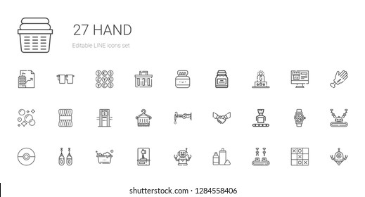 hand icons set. Collection of hand with industrial robot, foam, robot, axe, washing, boxing, pokeball, handshake, towel, atm, wool, soap, user experience. Editable and scalable hand icons.