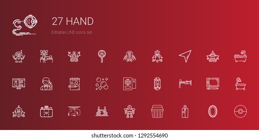 hand icons set. Collection of hand with portable, laundry, robot, agreement, industrial robot, pocket, passport, soap, draw, barman, website. Editable and scalable hand icons.
