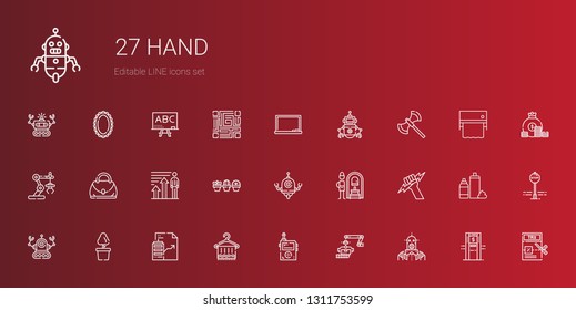 hand icons set. Collection of hand with robot, industrial robot, walkie talkie, towel, real estate, plant, zeus, russian banya, profits, hand bag. Editable and scalable icons.
