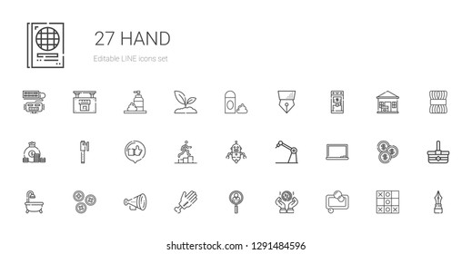 hand icons set. Collection of hand with soap, coin, job search, protest, buttons, bathtub, blackboard, robot, promotion, like, pen, atm, foam. Editable and scalable hand icons.