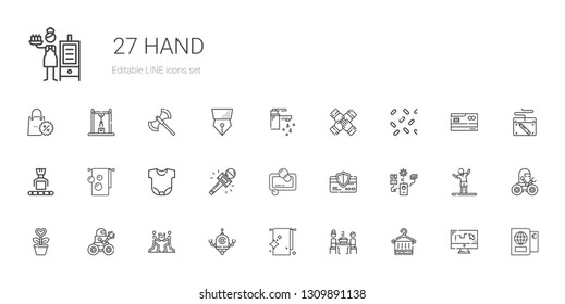hand icons set. Collection of hand with towel, korean, robot, teamwork, plant, credit card, soap, journalist, body, sprinkles, tap, passport. Editable and scalable hand icons.
