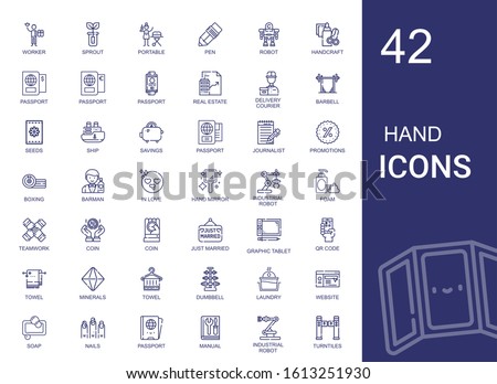 hand icons set. Collection of hand with worker, sprout, portable, pen, robot, handcraft, passport, real estate, delivery courier, barbell, seeds. Editable and scalable hand icons.