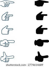 Hand icons set with index finger pointing right isolated on transparent background