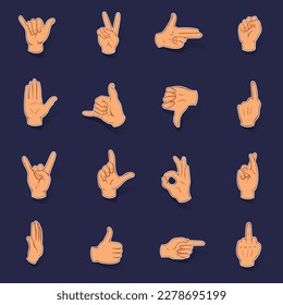 Hand icons set stikers collection vector with shadow on purple background