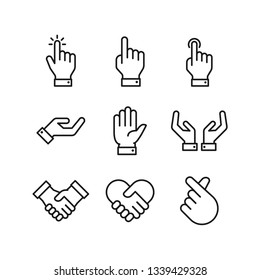Hand icons set. Stroke outline style. Vector. Isolate on white background.