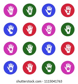 Hand Icons set. White Flat Design In Circle. Vector Illustration. 