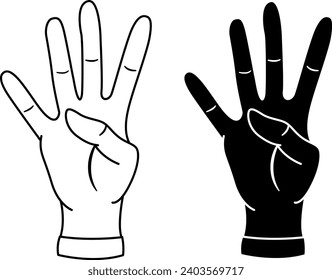 Hand Icons Show Number Four. Black and White Icons with Four Thumbs Up. Counting by fingers. Vector Illustration for Children Education