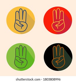 Hand icons with three finger flat design long shadow icons set. Vector silhouette illustration