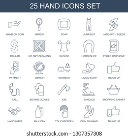hand icons. Trendy 25 hand icons. Contain icons such as hand on coin, mirror, soap, jumpsuit, with seeds, dollar, no dry cleaning, blouse, horseshoe. icon for web and mobile.