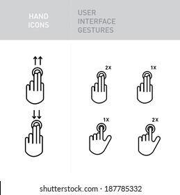 hand icons with user interface gestures on white; scrolling up and down; tapping
