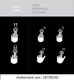 hand icons with user interface gestures on black; scrolling up and down; tapping