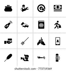 Hand icons. vector collection filled hand icons. includes symbols such as pitchfork, car key, car mechanics, portable vacuum cleaner. use for web, mobile and ui design.