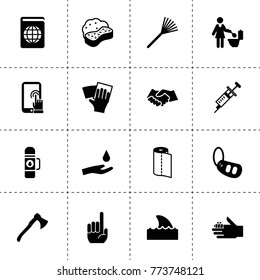 Hand icons. vector collection filled hand icons. includes symbols such as axe, handshake, car alarm key, rake, wipe, sponge, drop in hand. use for web, mobile and ui design.