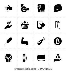 Hand icons. vector collection filled hand icons. includes symbols such as harvest, water pump, car key, sponge, paper towel, dust brush. use for web, mobile and ui design.